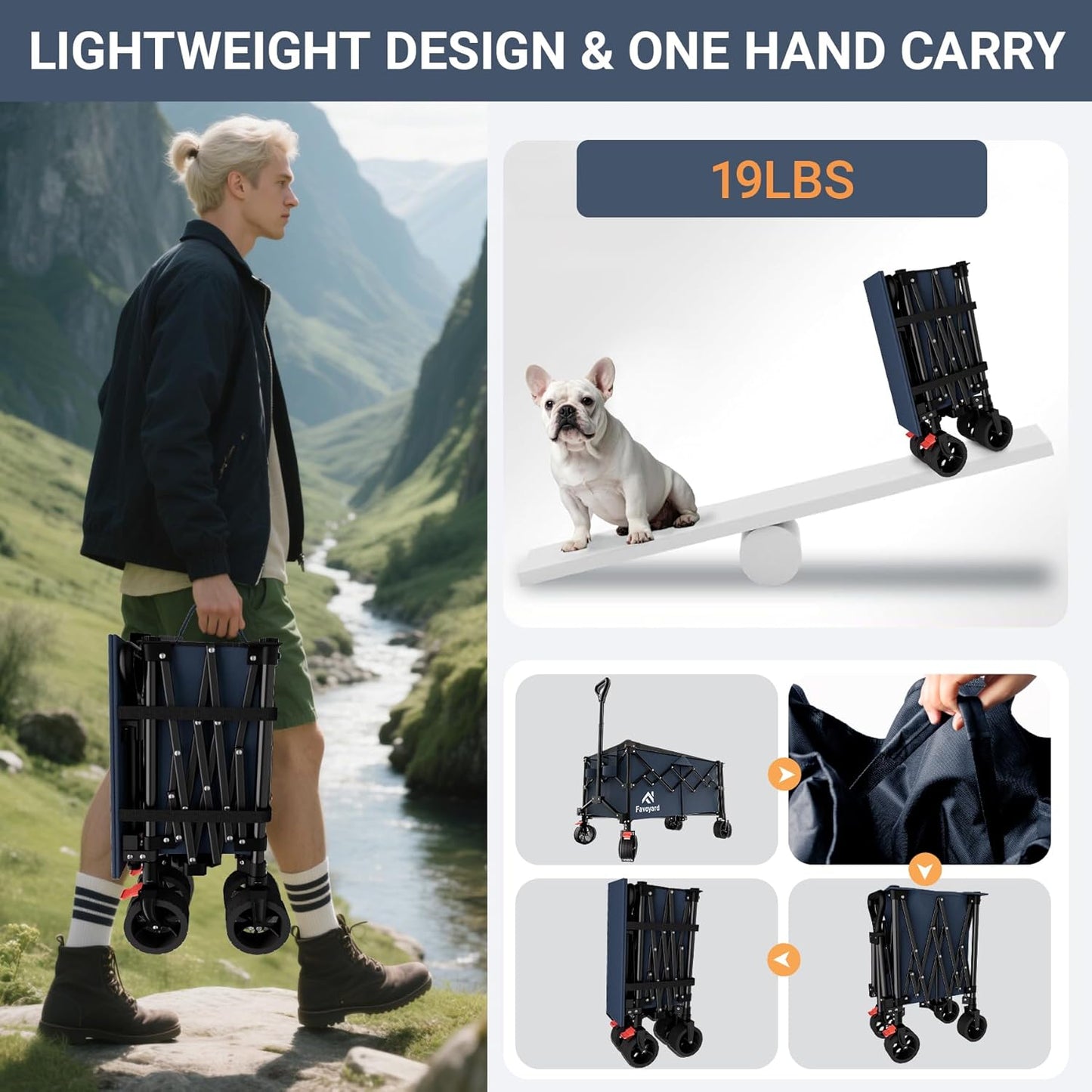 Favoyard Extra Large Collapsible Wagon Carts Foldable 360LBS Heavy Duty Beach Wagons with Big Wheels & Brakes Portable Folding Cart for Shopping Grocery Utility Sports Garden Camping Outdoor, Blue