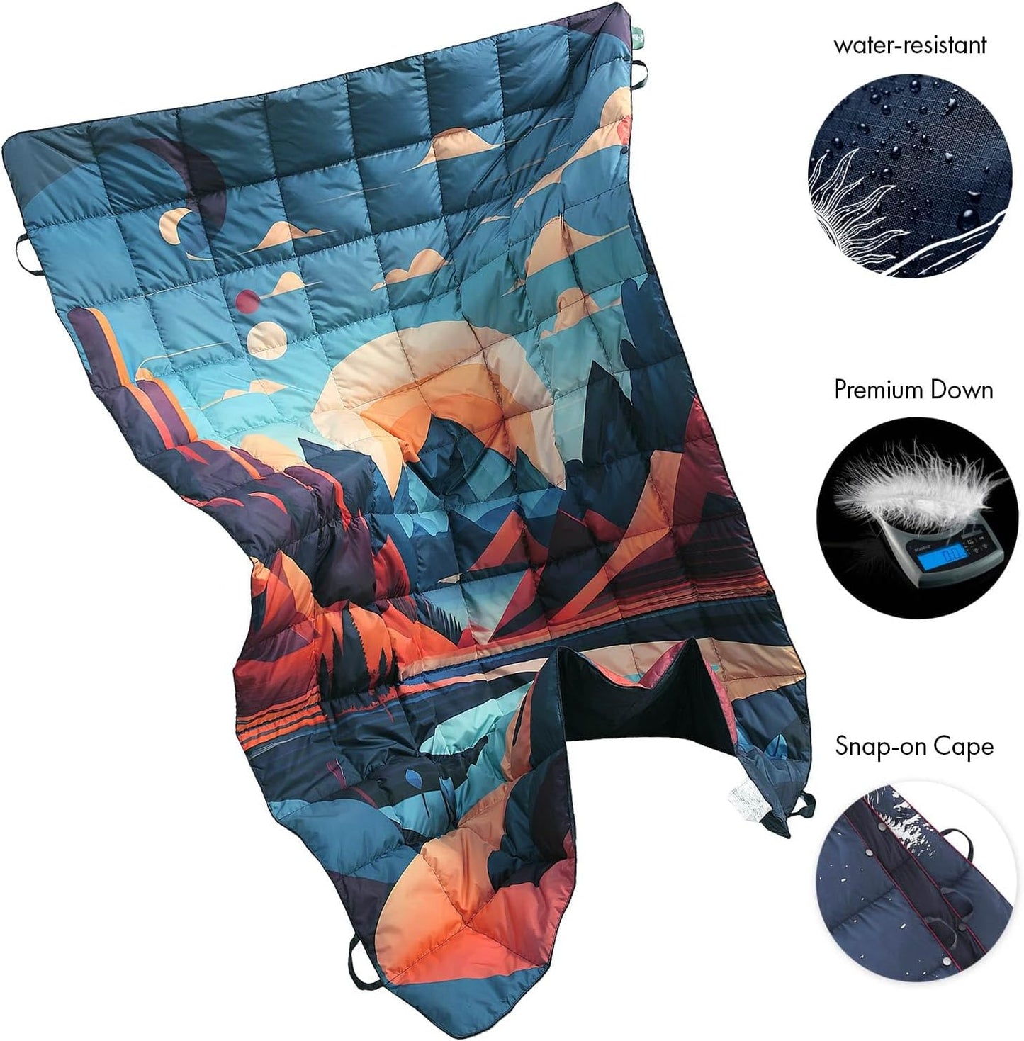 Down Camping Blanket, Ultralight Compact Packable Throw with Snaps for Outdoor Indoor, Travel Stadium Concert Picnic Beach, Puffy 650 Fill Down Water-Resistant Quilt (Mountain Sunset)