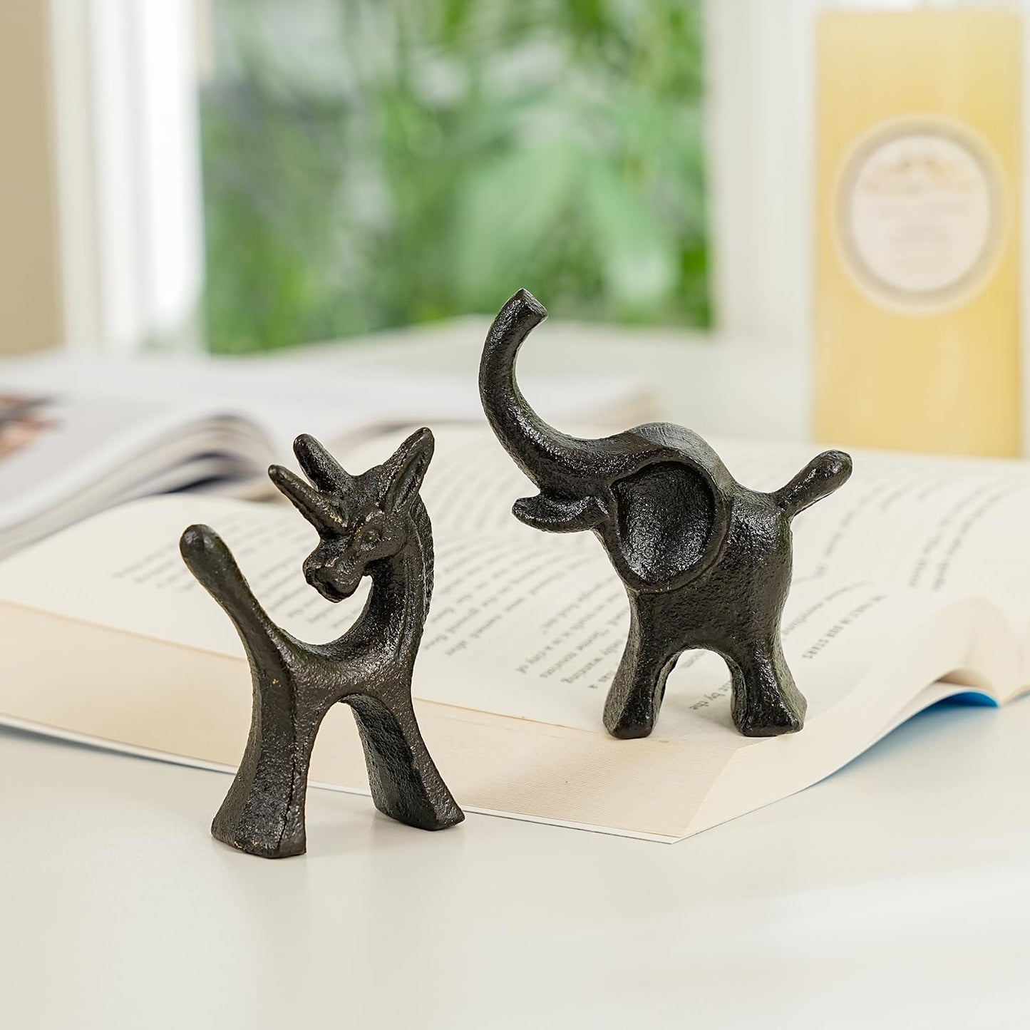 Sungmor Set of 2 Cast Iron Elephant & Unicorn Figurines - Rustic Black Animal Sculptures for Shelf, Desk, or Entryway - Heavyweight Decorative Mini Cute Statues - Whimsical Vintage Home Décor