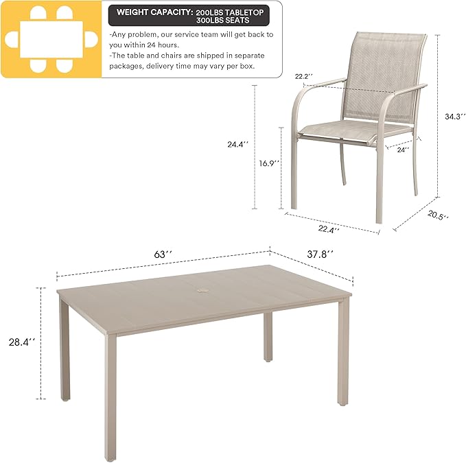 VICLLAX Patio Dining Set for 6, Outdoor Furniture Set Includes 63" Rectangle Patio Table and 6 Patio Sling Chairs, Outdoor Table and Chairs for Outsides, Sandshell Color Tabletop and Fabric
