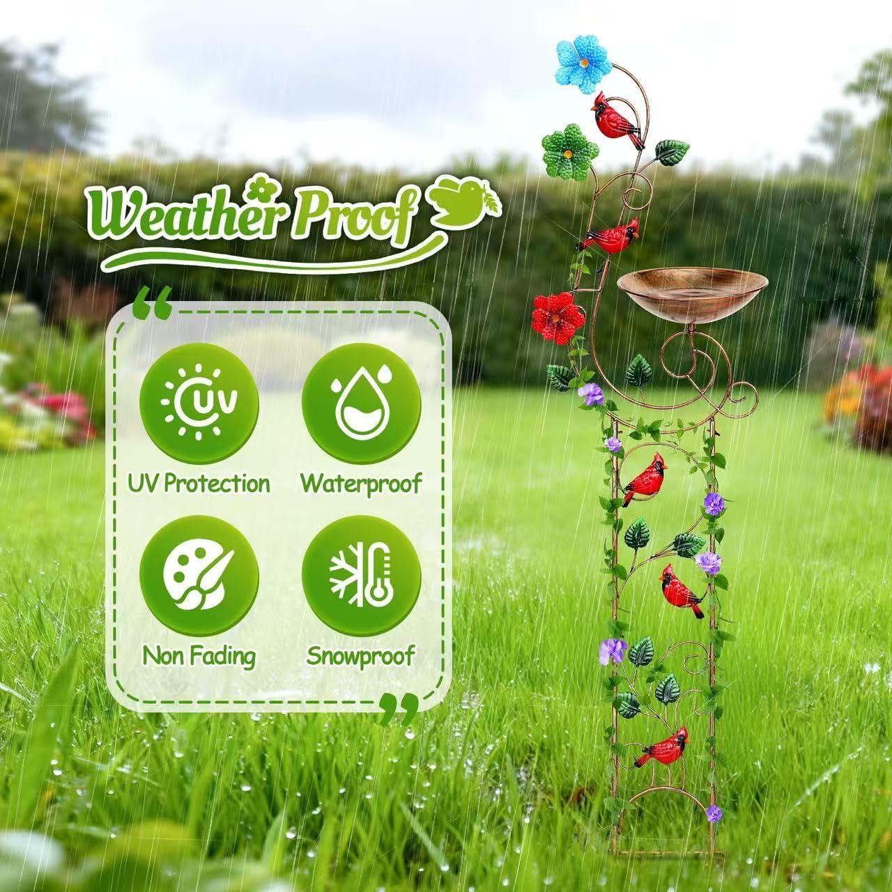 57” Bird Bath with Garden Trellis for Climbing Plants Outdoor, Small Decorative Metal Birdbath Bird Baths (Redbird)