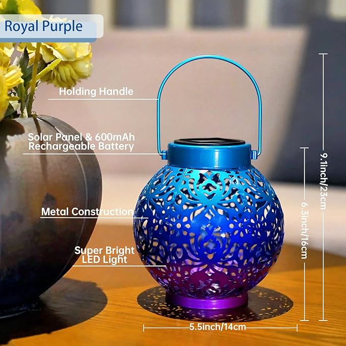 2 Pack Outdoor Solar Hanging Lantern Lights Metal LED Decorative Lamp for Garden Patio Courtyard Lawn and Table with Hollowed-Out Design (Royal Purple)