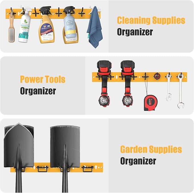 CCCEI 3 Modular Pegboard Strip Storage, Metal Peg Slat Wall Mount for Garage, Basement, Garden, Laundry Room Organization. Flexible Tool Organizer for Rake, Shovels, Crafting. Gifts for Men, Yellow.