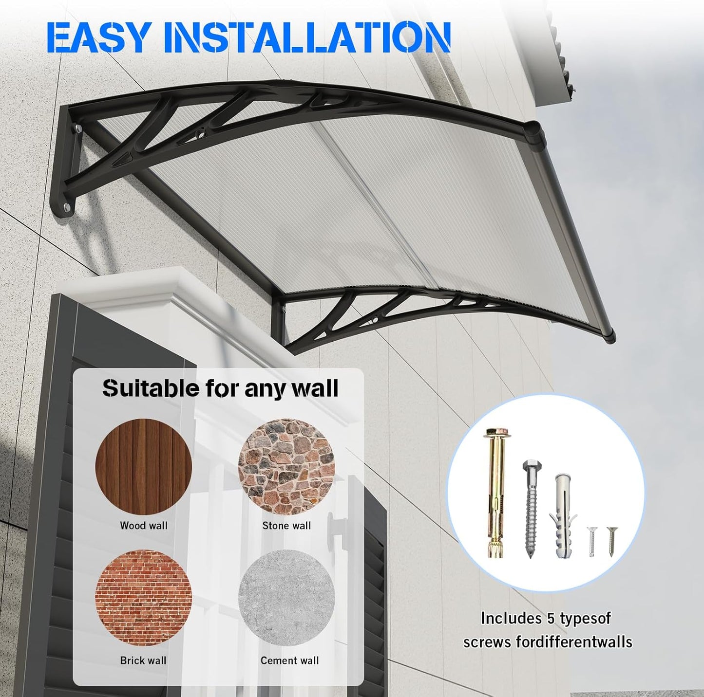 Awning for Door Entrance,40x60IN Window Awnings for Doors Canopy Polycarbonate Cover Patio Door Awning UV Rain Snow Sunlight Protection Hollow Shee