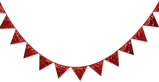Pinkblume Red Decorations Double Sided Sequin Fabric Triangle Pennant Banner Flag Bunting Garland for Theme Nursery Classroom Home Bedroom Wall Valentines Day Holiday Christmas Decor