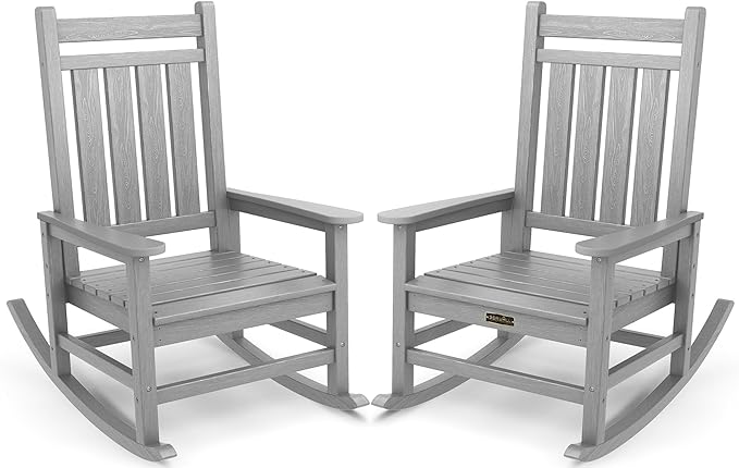 SERWALL Oversized Outdoor Rocking Chair Set of 2, HDPE Rocker for Adults, Patio Rocking Chairs for Porch, Sliver Gray