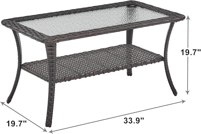 Patio Tables Outdoor Coffee Table - Wicker Rattan Coffee Tables with 2-Tier Storage Shelf Glass Top for Outside Proch Deck Balcony Garden Rectangle Brown