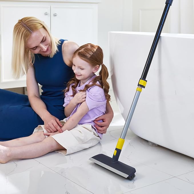 Yocada Floor Scrub Brush Telescopic Handle 2 in 1 Scrape Brush Stiff Bristle Shower Scrubber for Cleaning Patio Bathroom Garage Kitchen Wall Deck Tub Tile 55.9 inch Tall