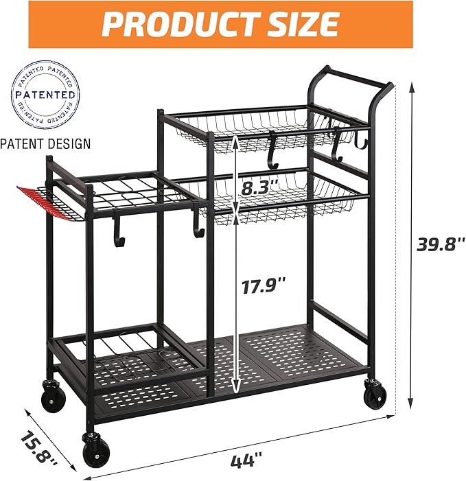 PLKOW Garden Tool Organizer with Wheels, Garden Tool Rack, Yard Tool Holder for Rakes, Shovel, Fertilizer, Garden Tool Storage for Garage, Shed, Outdoor