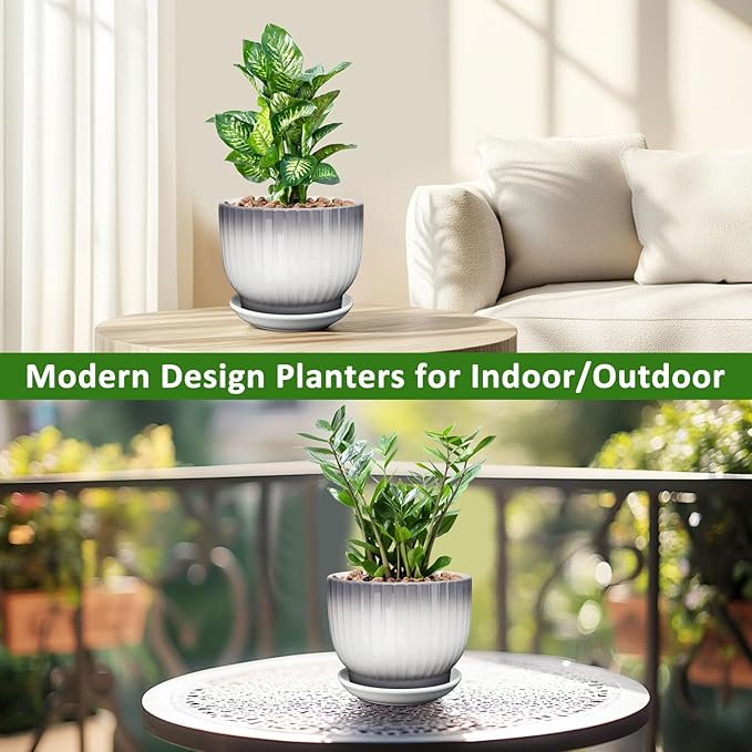 8 Inch Plant Pot, Ceramic Planter with Drainage and Saucer, Ceramic Pots for Plants, Indoor Plant pots,Ceramic Flower pots(Gray + White, Plants NOT Included)