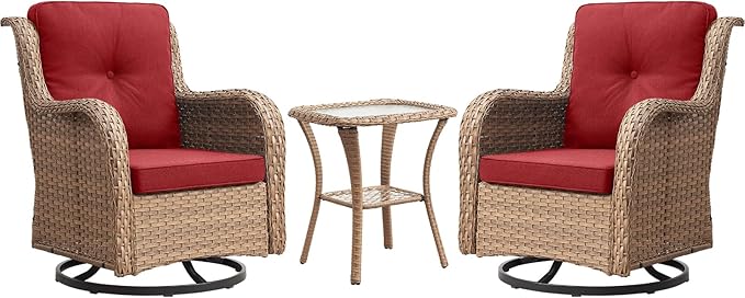 Outdoor Patio Swivel Rocker Chairs - 3 Piece Patio Bistro Set,Wicker Patio Furniture Set with 2 Swivel Rocking Chairs and 1 Glass Top Side Table for Deck Porch Garden,Yellow/Red