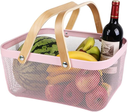 Portable Mesh Harvest Basket - Natural Bamboo Handle Foldable Organizer for Kitchen, Garden & Picnic | Ventilated Storage Bin with Rust-Proof Wire, Space-Saving Farmhouse Decor (Pink)