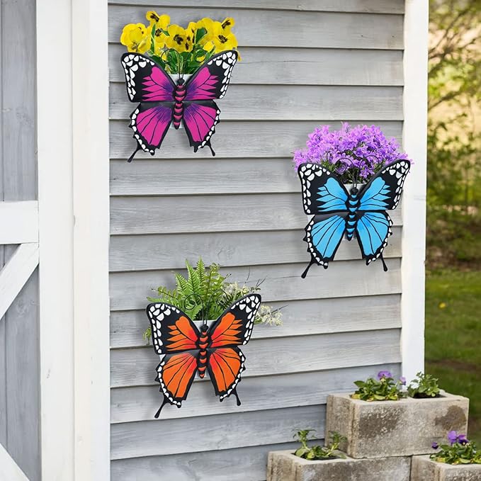BAYN Set of 3 Butterfly Wall Hanging Planter Decor Art, Metal Wall Mounted Planters Garden Yard Decorative Flower Pot Indoor Outdoor Wall Planter Succulent Plant Container