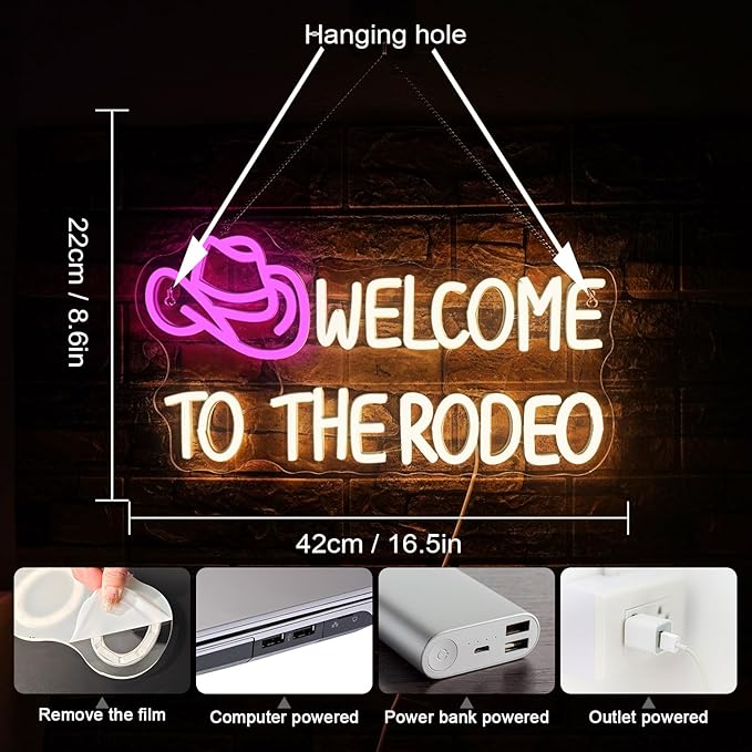 WLHOPE Welcome to The Rodeo Neon Sign Cowboy Hat Neon Sign Led Sign,Dimmable Cowgirl Neon Signs for Wall Decor,Connectivity Via USB Licked Neon Light for Bedroom Home Bar Club Party Western Decor