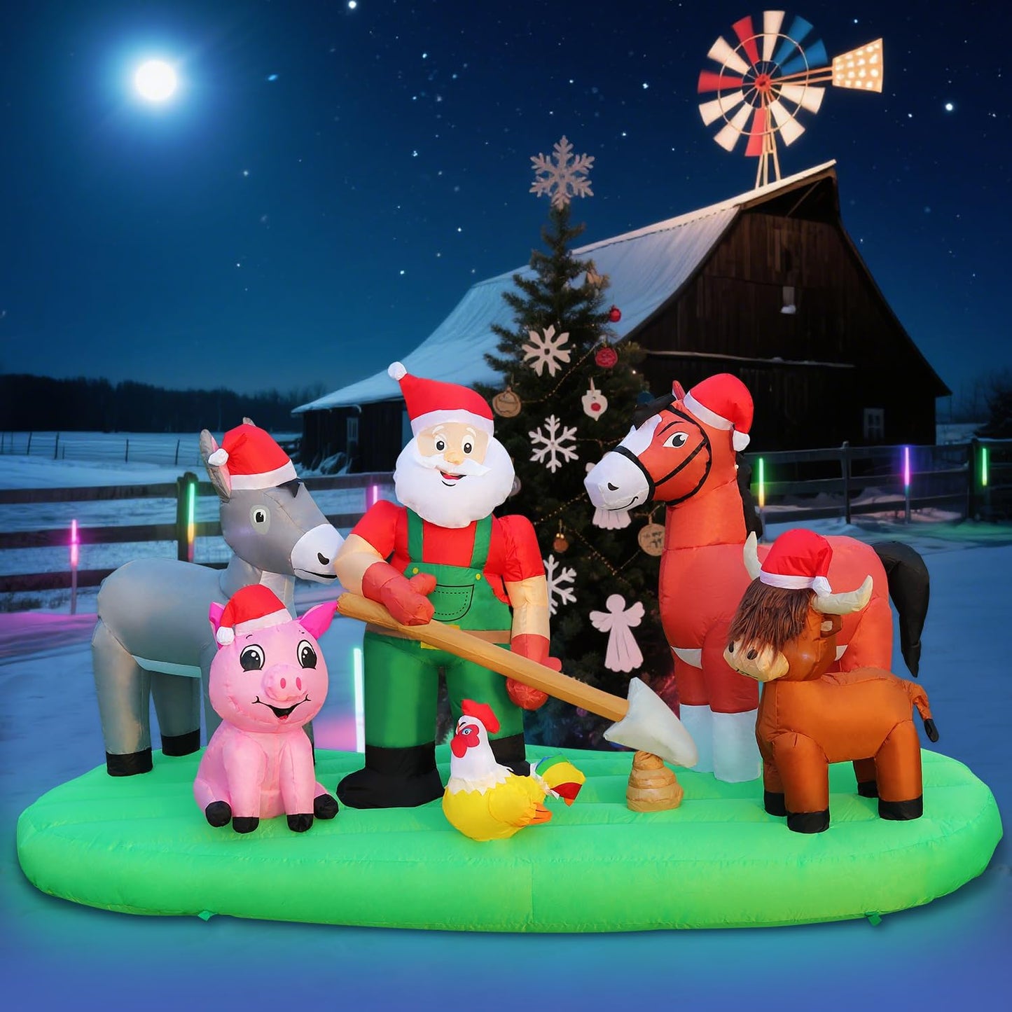 DomKom 7FT Christmas Inflatable Blow Up Decorations, Santa Claus Farm Scene with Highland Cow, Clydesdale Horse, Donkey, Rooster and Pig, Built-in LEDs for Party, Garden, Lawn, Yard, Patio Décor