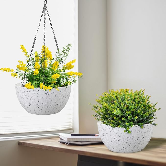 8 inch Hanging Planters for Small Indoor Outdoor Plants, 2 Pack Hanging Flower Pots with Drainage Holes and Chain for Garden Porch, Plastic Hanging Baskets for House Plants, Speckled White