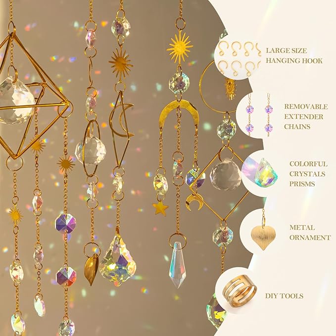 310 Pcs DIY Crystal Sun Catchers Indoor Window, Hanging Prism Suncatcher for Window, Gold DIY Suncatcher Kit, Glass Crystal + Alloy Accessories Sun Catcher Crafts for Adult, DIY for Mom…
