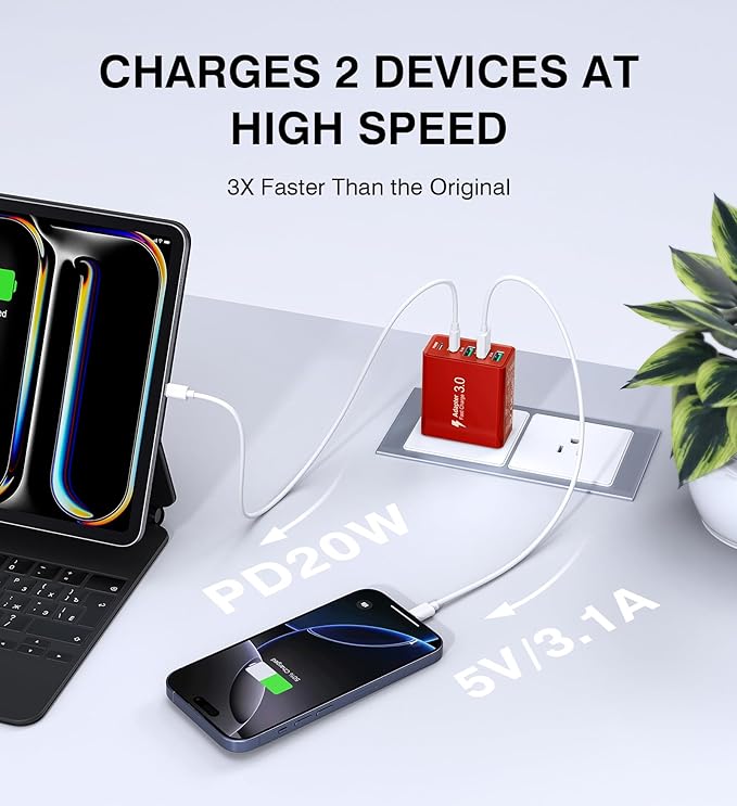 USB C Wall Charger Block, 2Pack 50W USB C Charger 5-Port PD Fast Charging Blocks,QC 3.0 USB A Multiport Plug,Type C Power Adapter Brick Cube for iPhone 16/15/14/13/Pro,Samsung,for Switch/Pixel（Red