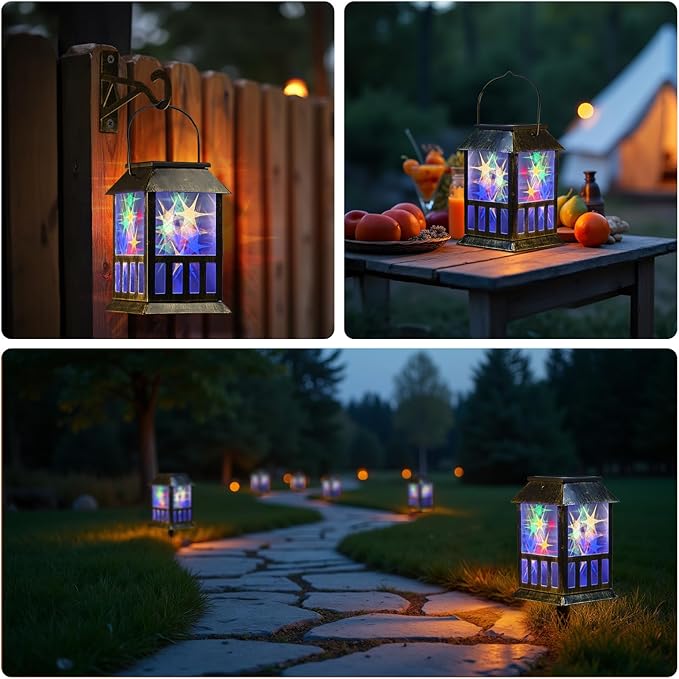 Solar Lanterns Outdoor Waterproof, 3D Star Lantern Light with Flashing Mode, Solar & USB C Charging, Metal Hanging Lantern for Wall Landscape Yard Patio Garden Driveway, RGB Light 2 Pack