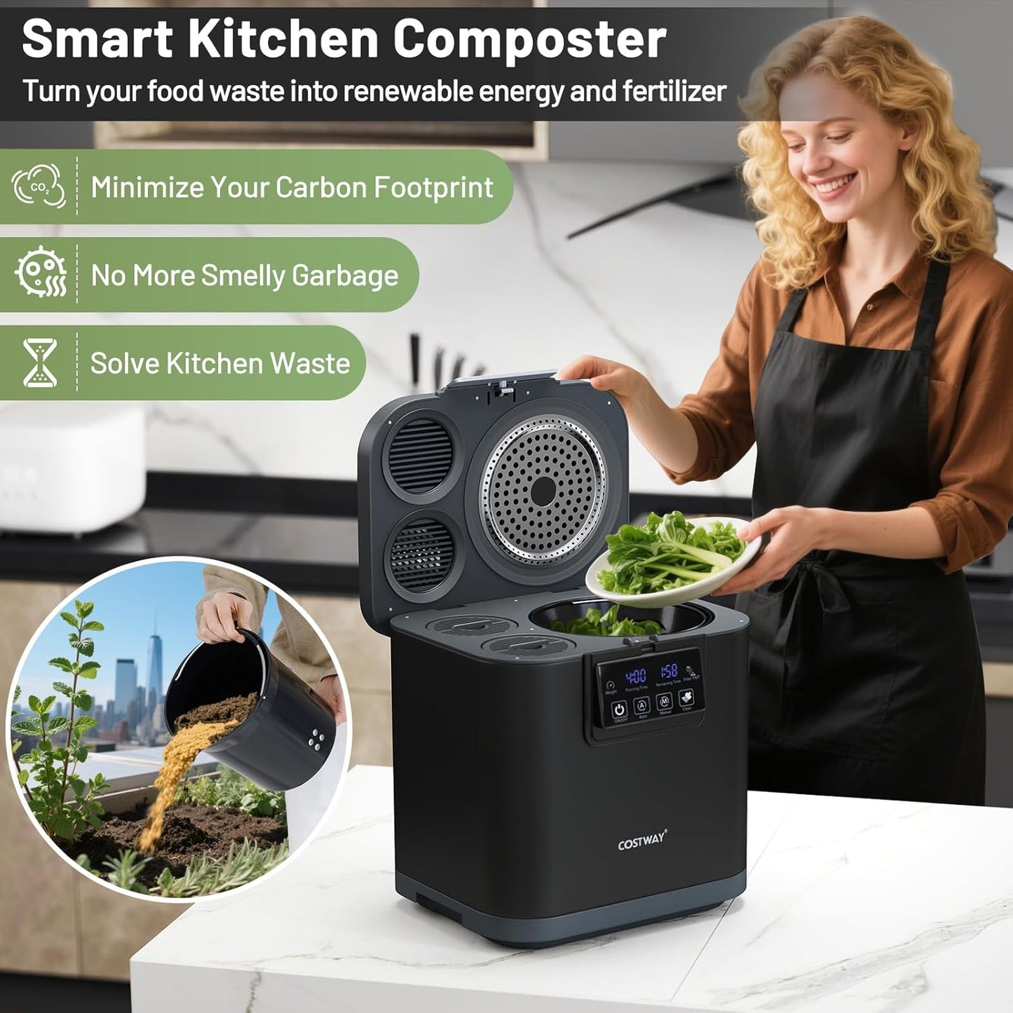 COSTWAY 4L Electric Composter for Kitchen, Smart Waste Dispenser Countertop Compost Machine w/Replaceable Filters, Auto-Cleaning, LED Display, Indoor Compost Bin, Turn Food Waste to Dry Fertilizer