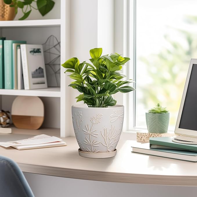 6.9 Inch Ceramic Plant Pot for Indoor Plants Outdoor Round Planter Flower Pot with Drainage Hole and Saucer for Home Garden Office Decor White