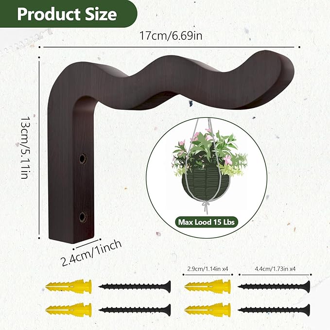 FGSAEOR Wavy Plant Hanger Hooks for Indoor/Outdoor Hanging Plants, 2 Pack Rustic Farmhouse Wall Mount Wooden Hanging Basket, Lanterns, Bird Feeders - Decorative Bracket for Patio, Balcony,Walnut Color