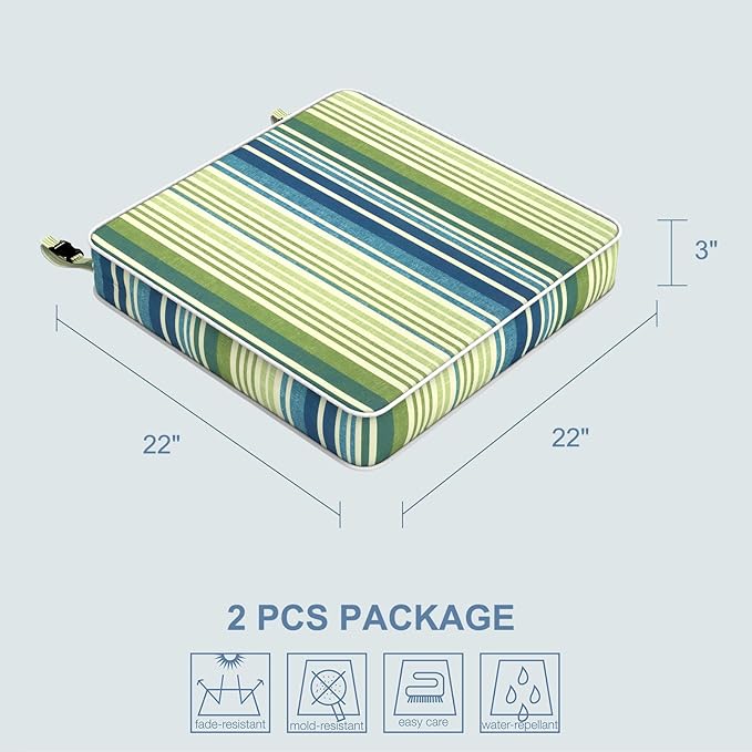 LVTXIII Patio Chair Cushions 22"x22"x3", Water-Repellent Outdoor Seat Cushions for Patio Furniture, Square Chair Pads with Ties for Home Garden Decoration, Set of 2, Stripe Blue Green