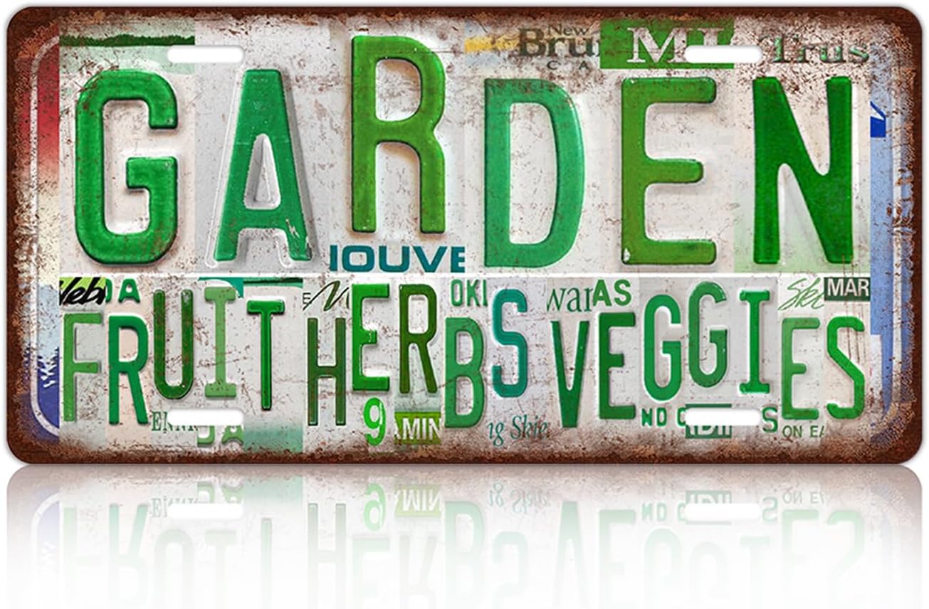 Vintage Garden Metal Tin Sign License Plate Wall Decor for Garden Lover 12 x 6 Inches - fruit herbs veggies