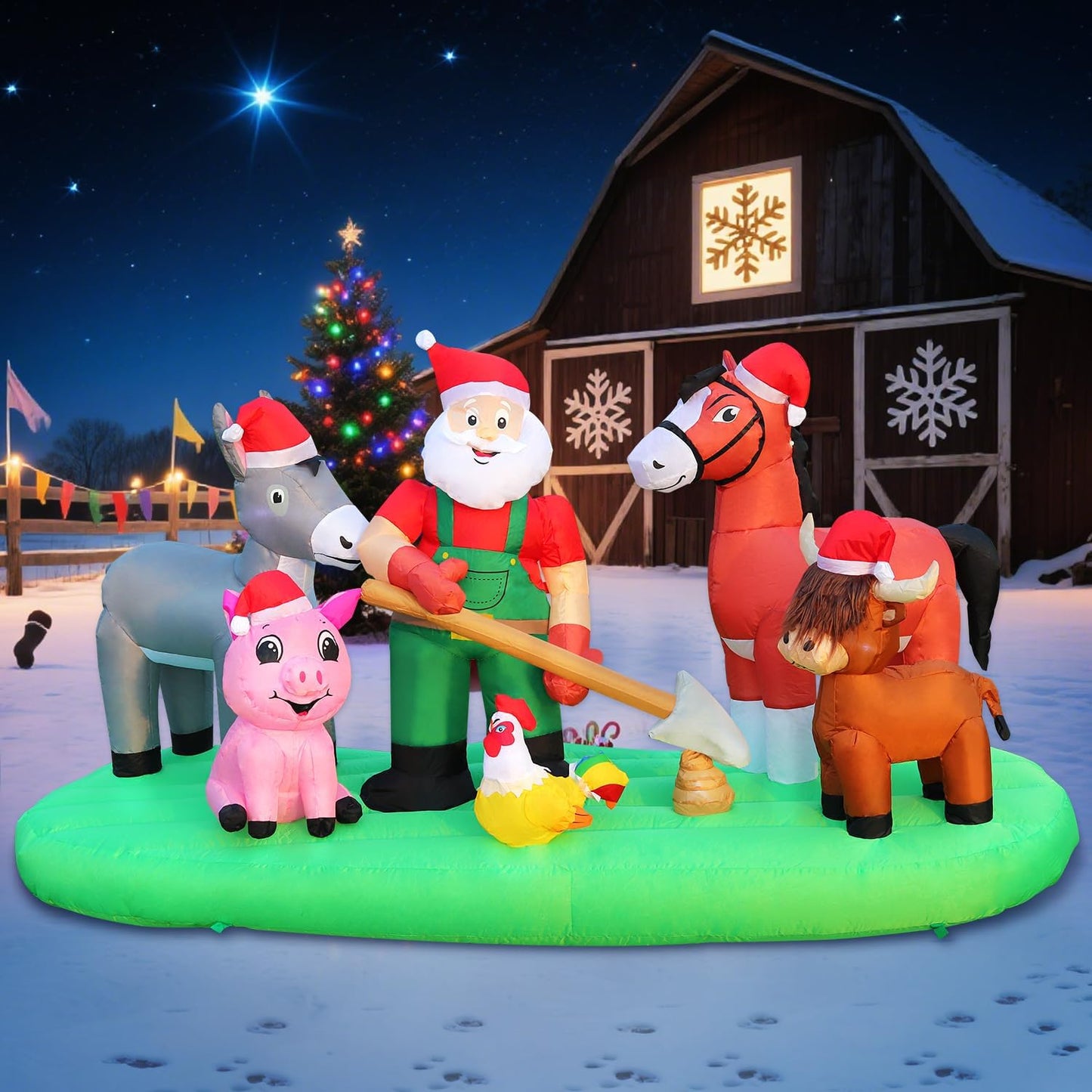 DomKom 7FT Christmas Inflatable Blow Up Decorations, Santa Claus Farm Scene with Highland Cow, Clydesdale Horse, Donkey, Rooster and Pig, Built-in LEDs for Party, Garden, Lawn, Yard, Patio Décor