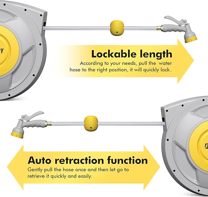 BLUBERY 5/8" x 100+6.7ft Retractable Garden Hose Reel with Slow Return System, Heavy-Duty Wall-Mounted 39.3LB, 10" Handle, 180° Swivel Bracket, Any Length Lock