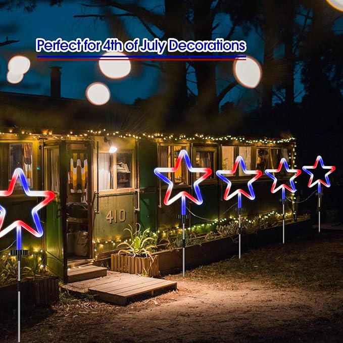 4 Pack Red White and Blue Solar Light Outdoor, 4th of July Decorations Patriotic Lights with Big LED Neon Star, Garden Stake Pathway Lights with 8 Modes for Independence Day Memorial Day Decor
