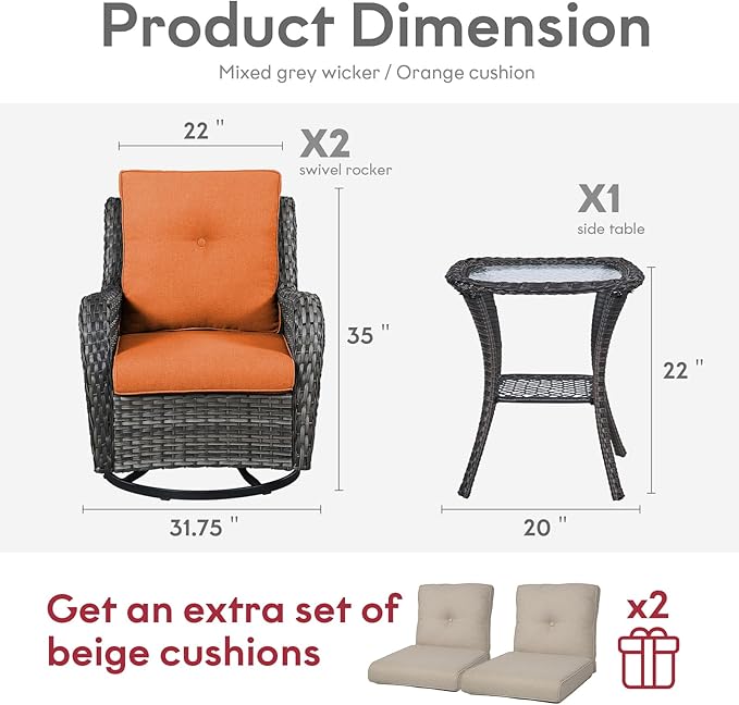 Outdoor Swivel Rocker Wicker Chairs Set of 3, High Back Swivel Patio Chairs Wicker Furniture Set, 2 PCS Rattan Swivel Rocking Chair with Side Table, Orange Cushion