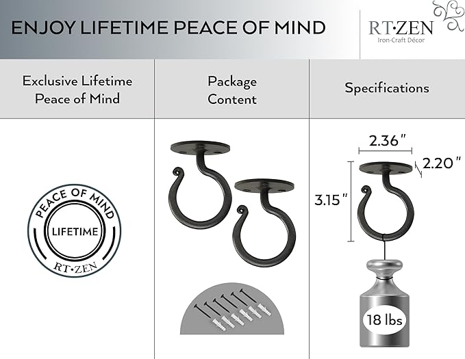 RTZEN Plant Hangers Outdoor or Indoor - Wrought Iron Metal Hanger Indoor Hook - Heavy Duty Wall Bracket Hooks for Hanging Plants Baskets Lanterns Wind Chimes - 2 Pack (Black Ceiling Hooks)