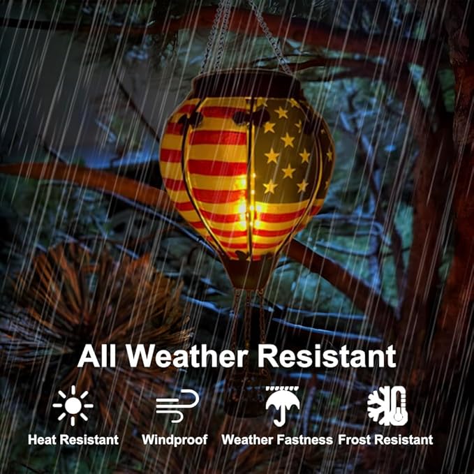 2PCS Solar Hot Air Balloon Lanterns with Flame with Shepherd's Hooks, Glass Hanging Flickering Lights Outdoor Waterproof for Garden Tree Yard Patio Mother's Day Gift, 18" H Flag