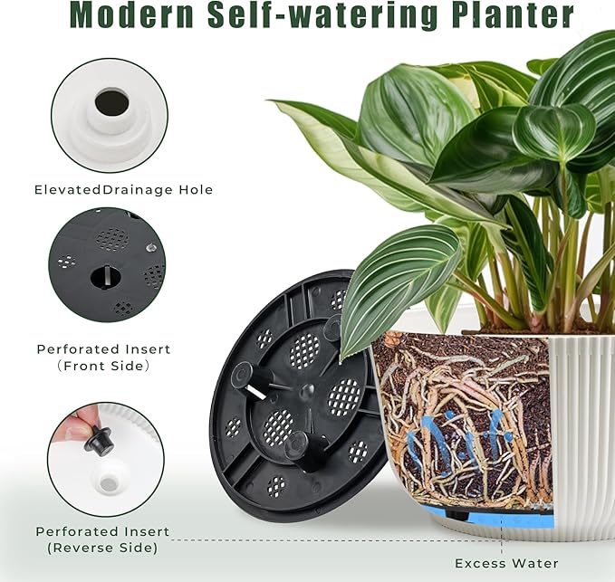T4U Plant Pots 8 Inch, 2 Pack Self Watering Indoor Planter with Drainage Hole, Shallow Plant Pot, Home Decor Flower Pots for Plants, Herbs, Garden, White