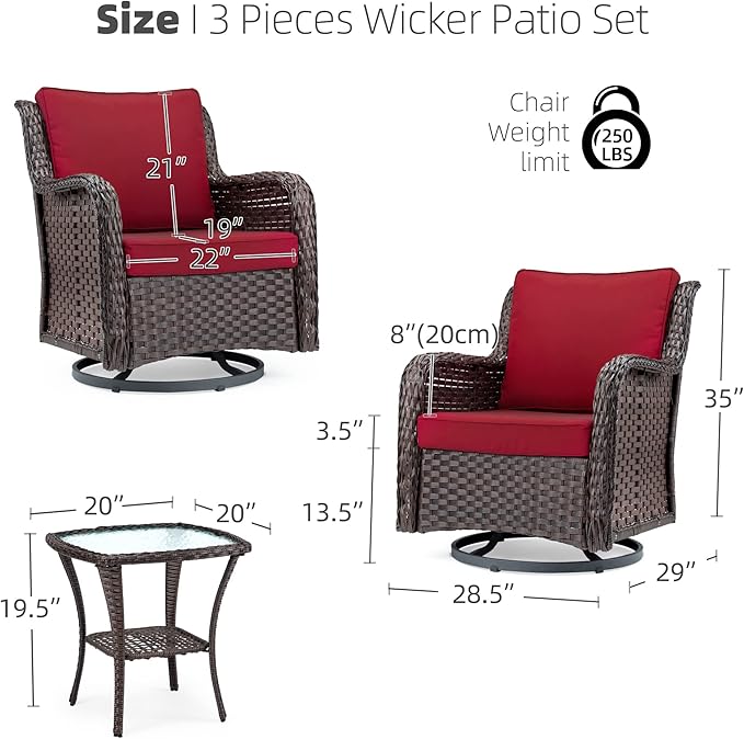 Towallmark Outdoor Swivel Wicker Glider Patio Chairs with Table Set, 3 Pieces Outdoor Bistro Set with 4”Thick Cushions and Coffee Table for Porch, Balcony, Deck (Red)