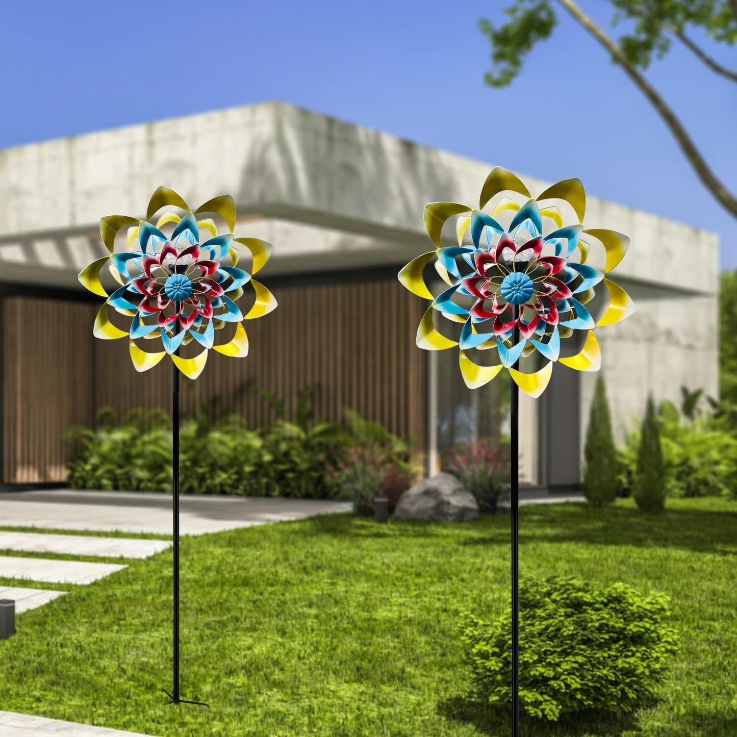 Outdoor Wind Spinner with Garden Stake 82.7" Metal Two-Way Wind Sculptures Solar Color Changing Lights Large Windmills for Garden,Patio,Yard,Lawn Decor Gifts Flower