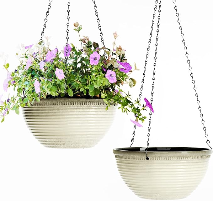 2 Pack Hanging Planters for Indoor Outdoor Plants, 10 Inch Hanging Planter with Drainage Hole & Plug Glazed Hanging Baskets Flower Pots for Garden Home (Off-White)