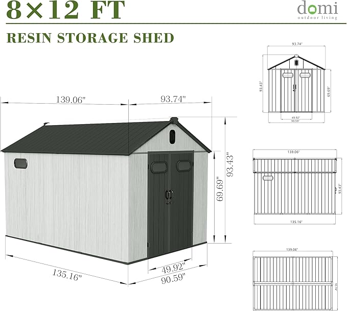 Domi 8x12FT Outdoor Resin Storage Shed with Transparent Windows & Louvered Vents, Plastic Tool Shed with Double Lockable Doors & Gable Roof, Outside Garden Shed for Backyard, Patio, Lawn, Grey