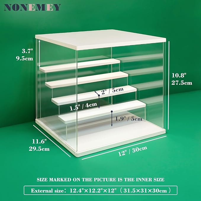 NONEMEY Clear Acrylic Display Case Stand with LED Light 2/3/4/5/6 Tier Storage Box Showcase Dustproof Organizer Box for Collectibles (White 5Tier 12.4*12.2*12inch )