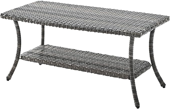 Patio Tables Outdoor Coffee Table - Wicker Rattan Coffee Tables with 2-Tier Storage Shelf Side Table for Porch Deck Balcony Garden Outside Rectangle Mixed Grey