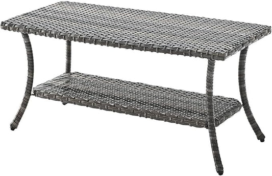 Patio Tables Outdoor Coffee Table - Wicker Rattan Coffee Tables with 2-Tier Storage Shelf Side Table for Porch Deck Balcony Garden Outside Rectangle Mixed Grey