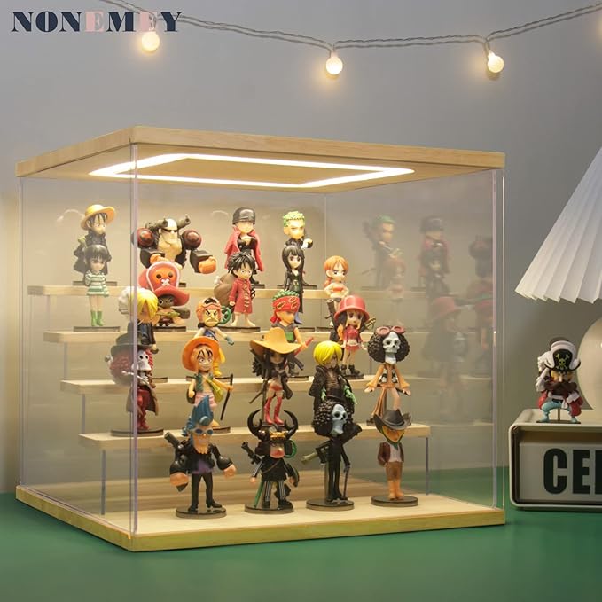 NONEMEY Clear Acrylic Display Case Stand with LED Light 2/3/4/5/6 Tier Storage Box Showcase Dustproof Organizer Box for Collectibles (5Tier 12.4*12.2*12inch )