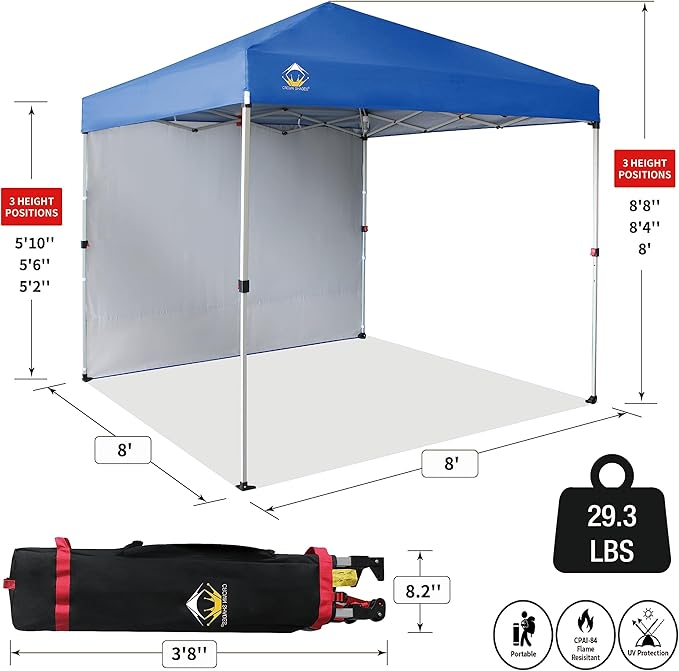 CROWN SHADES 8x8 Pop Up Canopy with 1 Side Wall - Beach Tent with One Push Setup - Outdoor Sun Shade for Events, Parties, Camping - Gazebo with STO-N-Go Cover Bag (Blue)