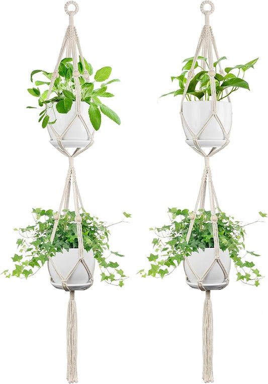 2 Pack Macrame Plant Hanger, 49 Inch, Fits 4-8 Inch Pots, 2 Tier Indoor Outdoor Hanging Planter Basket Flower Pot Holder, Boho Home Decor, Ivory (POTS NOT Included)