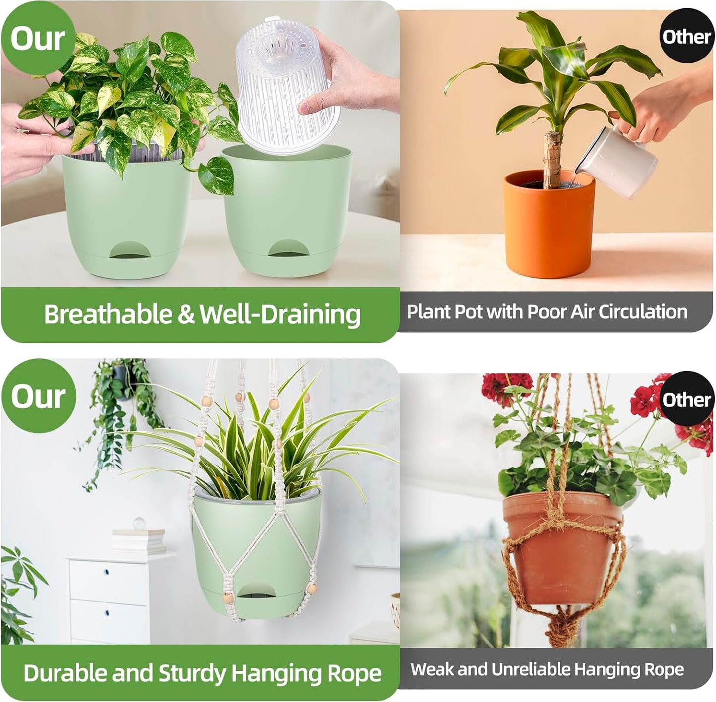 2-Pack 7..1-Inch Self-Watering Hanging Planters for Indoor & Outdoor Plants,34Inch Macrame Hanger Plant Pots Indoor with Drainage,Small Hanging Planters & Baskets,With Two Sets of Hooks（Pure green）