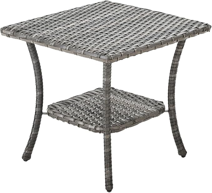 Patio Tables Outdoor Coffee Table - Wicker Rattan Side Tables with 2-Tier Storage Shelf End Table for Porch Deck Balcony Garden Outside Square Mixed Grey
