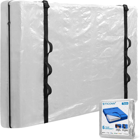 TICONN Mattress Bags for Moving, Heavy Duty Twin Mattress Cover Storage Bag with Full-Around Handle and Adjustable Buckles (Clear, Twin)