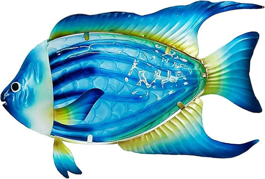 John's Studio Fish Sea Wall Decor Outdoor Metal Garden Hanging Art Glass Sculptures Home Ocean Theme Decorations for Kitchen Bathroom and Pool - Blue
