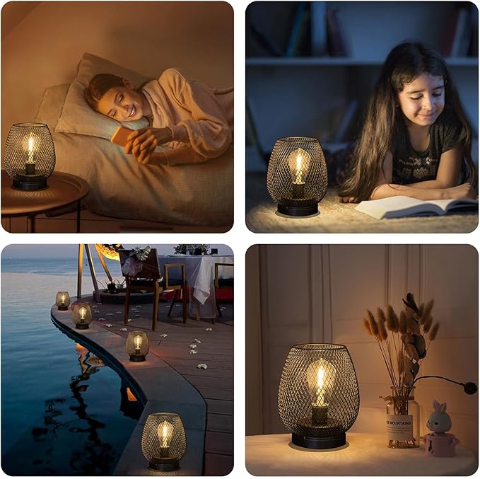 2 Pack Battery Operated Lamp Outdoor Table Lantern,Metal Cage Cordless Lamps with LED Bulb for Weddings Parties Patio Events Indoor Outdoor Patio Bedroom Living Room（Black